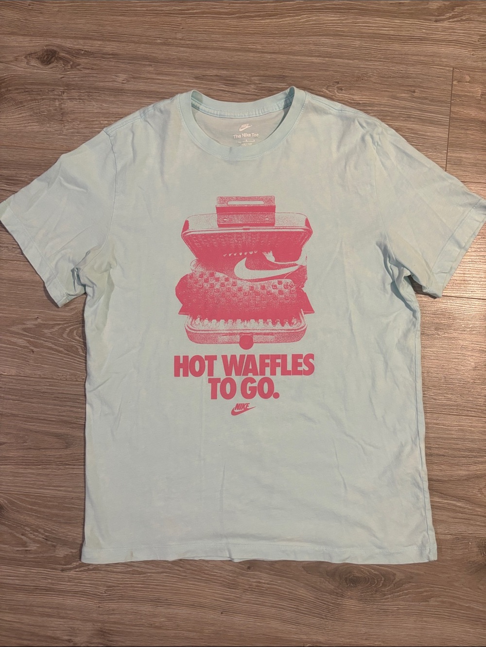 Nike Men’s Light Blue Tee with Pink 'Hot Waffles To Go' Graphic